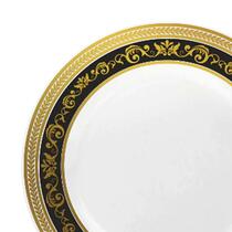Elegant Royal 10.25" White with Black and Gold Rim Disposable Plastic Dinner Plates | Posh Party Supplies