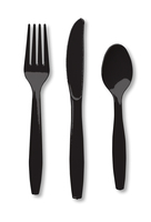 Disposable Black Velvet 96 Plastic Spoons, 96 Plastic Forks and 96 Plastic Knives - Posh Party Supplies