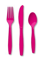 Disposable Hot Magenta 96 Plastic Spoons, 96 Plastic Forks and 96 Plastic Knives - Posh Party Supplies