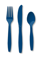 Disposable Navy 96 Plastic Spoons, 96 Plastic Forks and 96 Plastic Knives - Posh Party Supplies