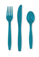 Turquoise Plastic Cutlery Assortment - 96 Spoons 96 Forks 96 Knives