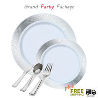 White plates with silver rim value party package for 60 - www.poshpartysupplies.com