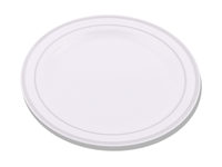 Elegant White 9" Round Plastic Plates with Silver Rim - Posh Party Supplies
