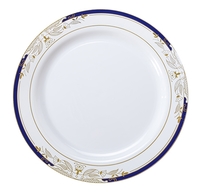signature white plastic dinner plates with blue rim and gold trim