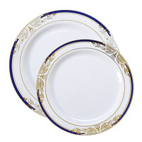 white plastic plates with a blue & gold rim combo pack